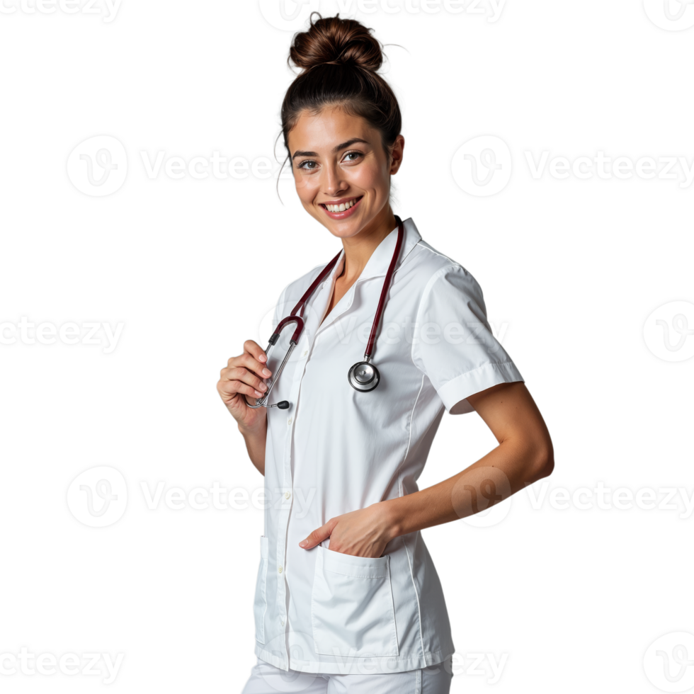 Female doctor in a transparent coat holding a stethoscope and smiling on a transparent background png
