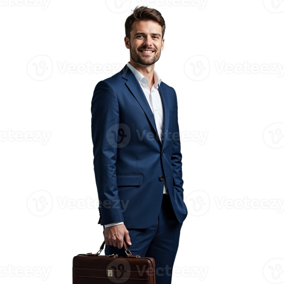 Smiling man in a blue suit holding a briefcase on a transparent background png