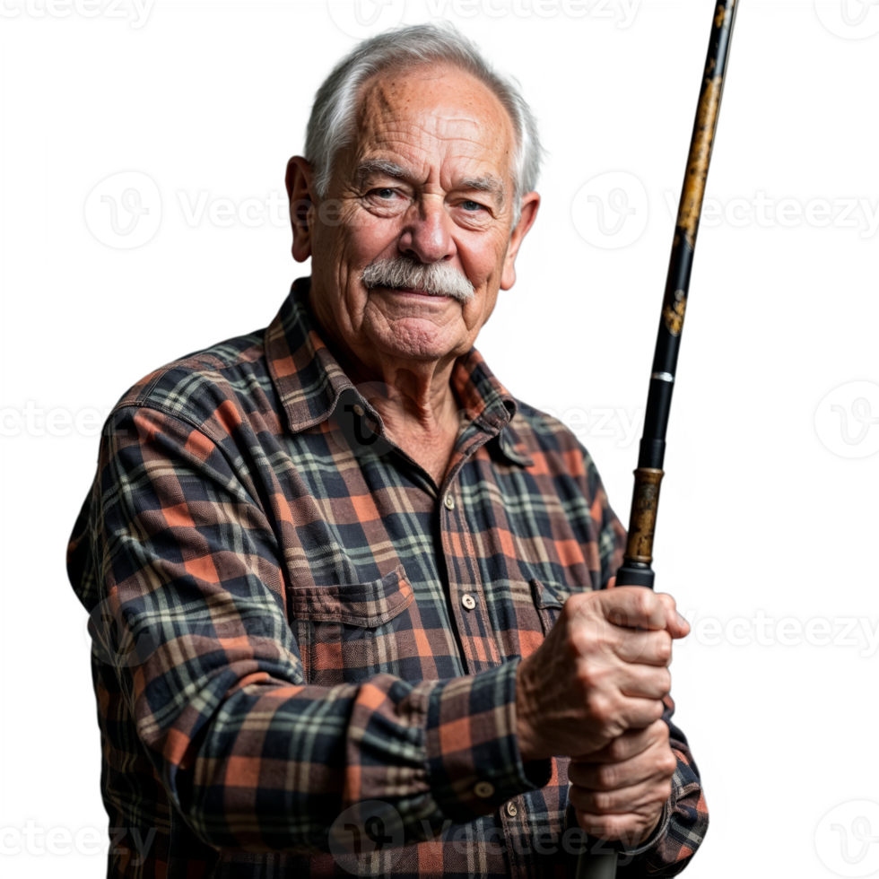 Elderly man in a plaid shirt holding a fishing rod with a proud expression on a transparent background png