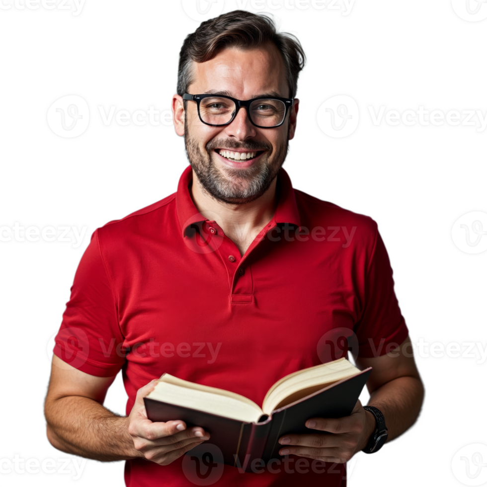 Man in red polo shirt holding a book and smiling broadly on a transparent background png