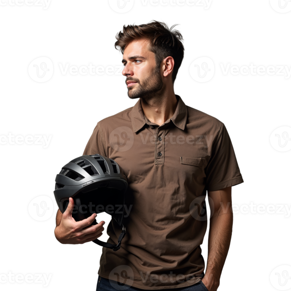 Man in brown shirt holding a bike helmet looking to the side on a transparent background png