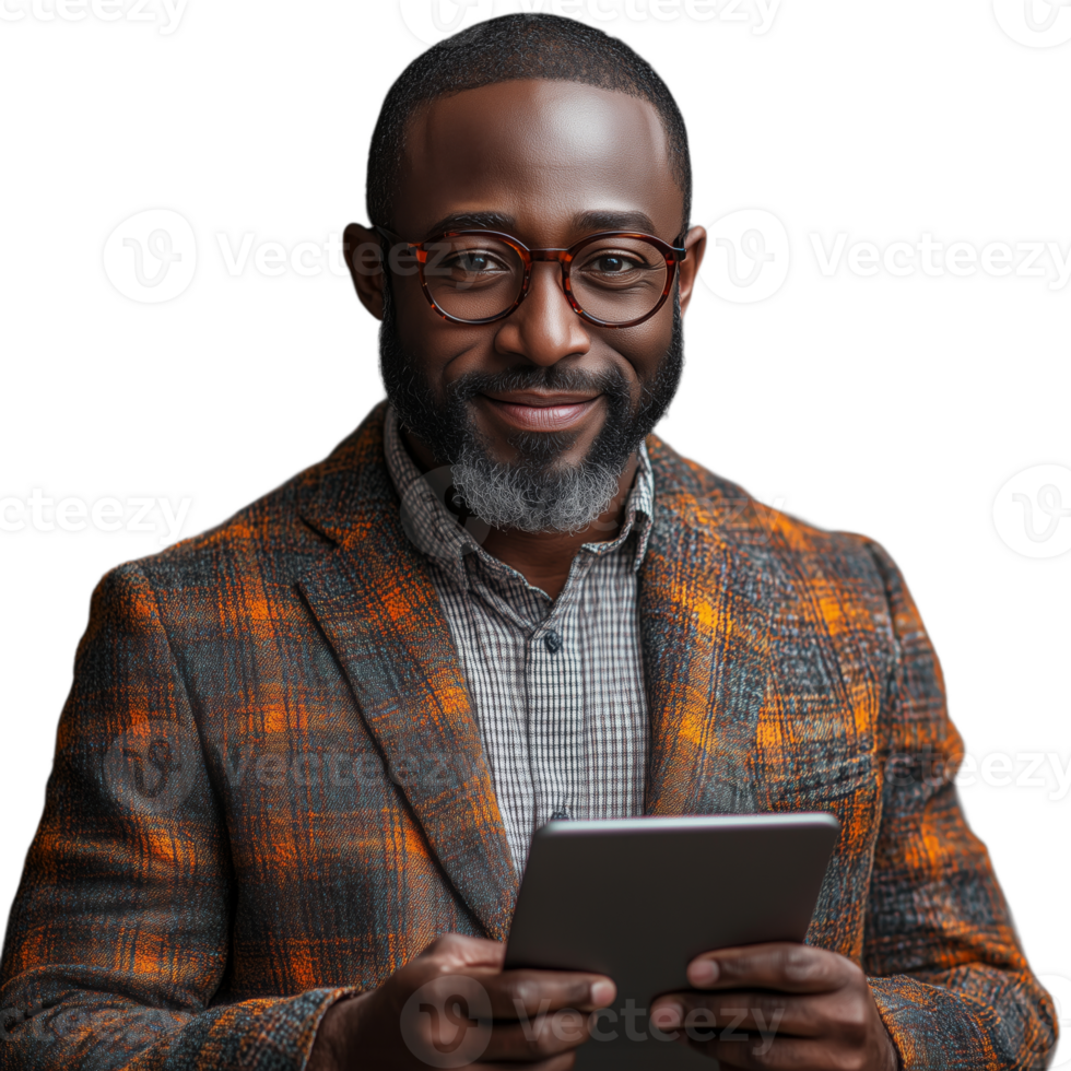 Middle aged man with a beard wearing glasses and a stylish plaid jacket, holding a tablet and smiling confidently png