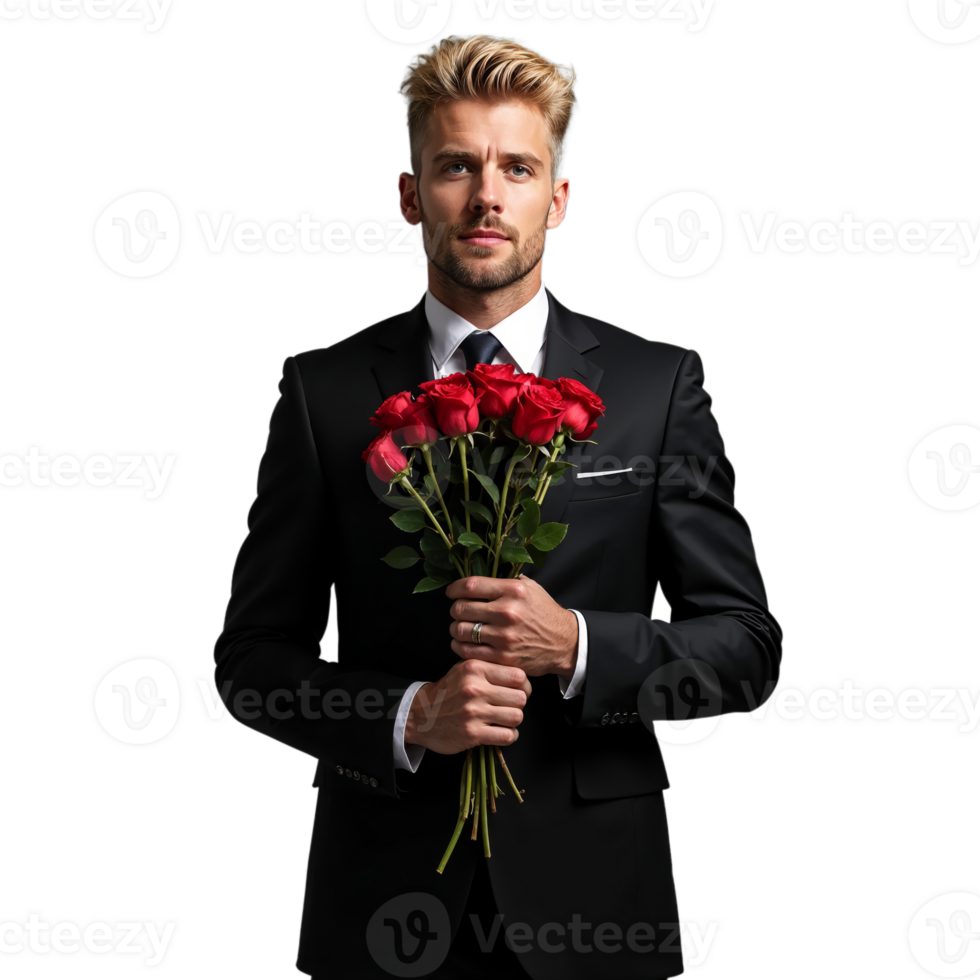 Man in a black suit holding a bouquet of red roses with a serious expression on a transparent background png