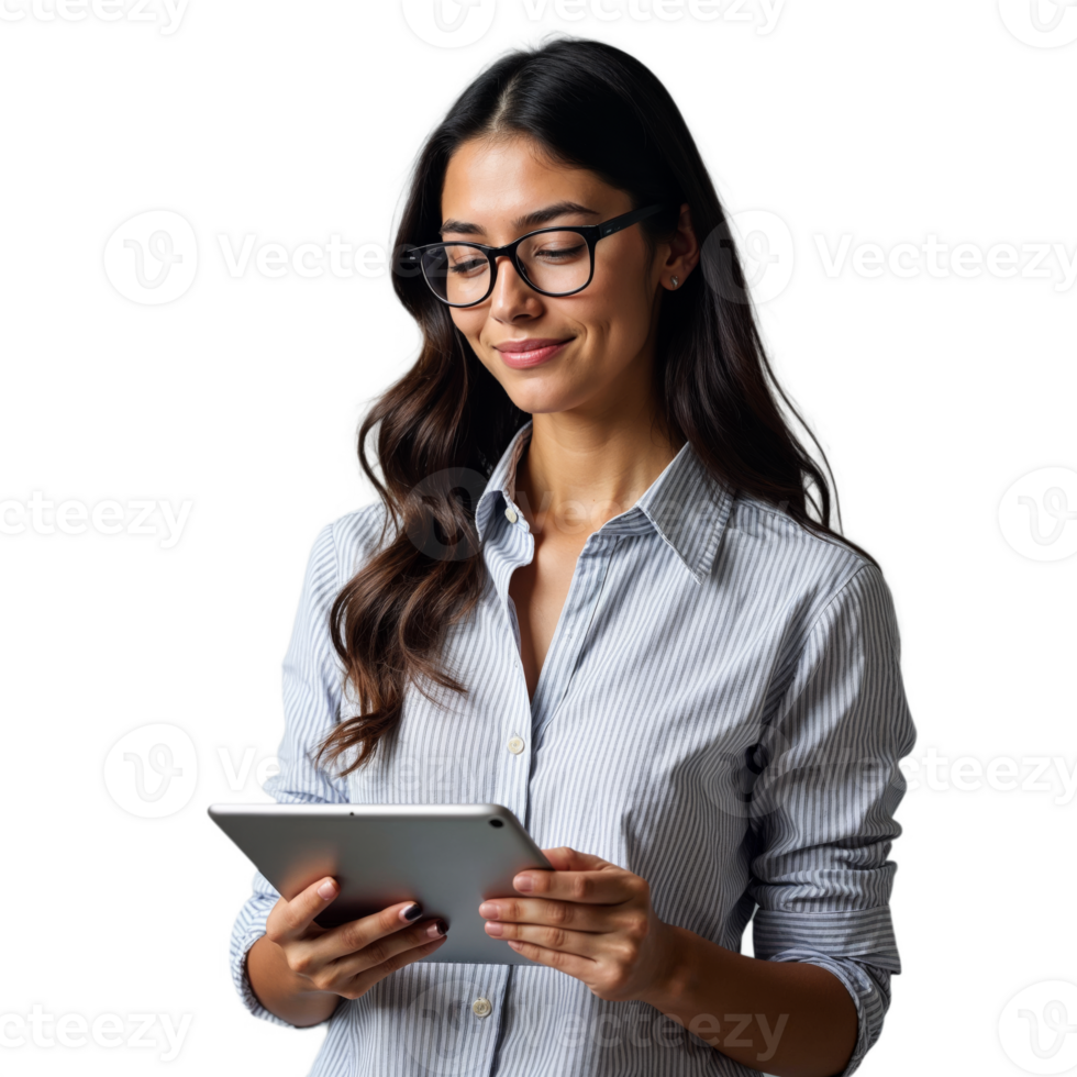 Woman with glasses holding a tablet and smiling while reading on a transparent background png