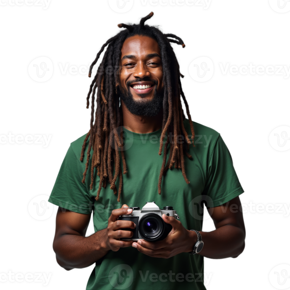 Man with dreadlocks holding a camera and smiling on a transparent background png