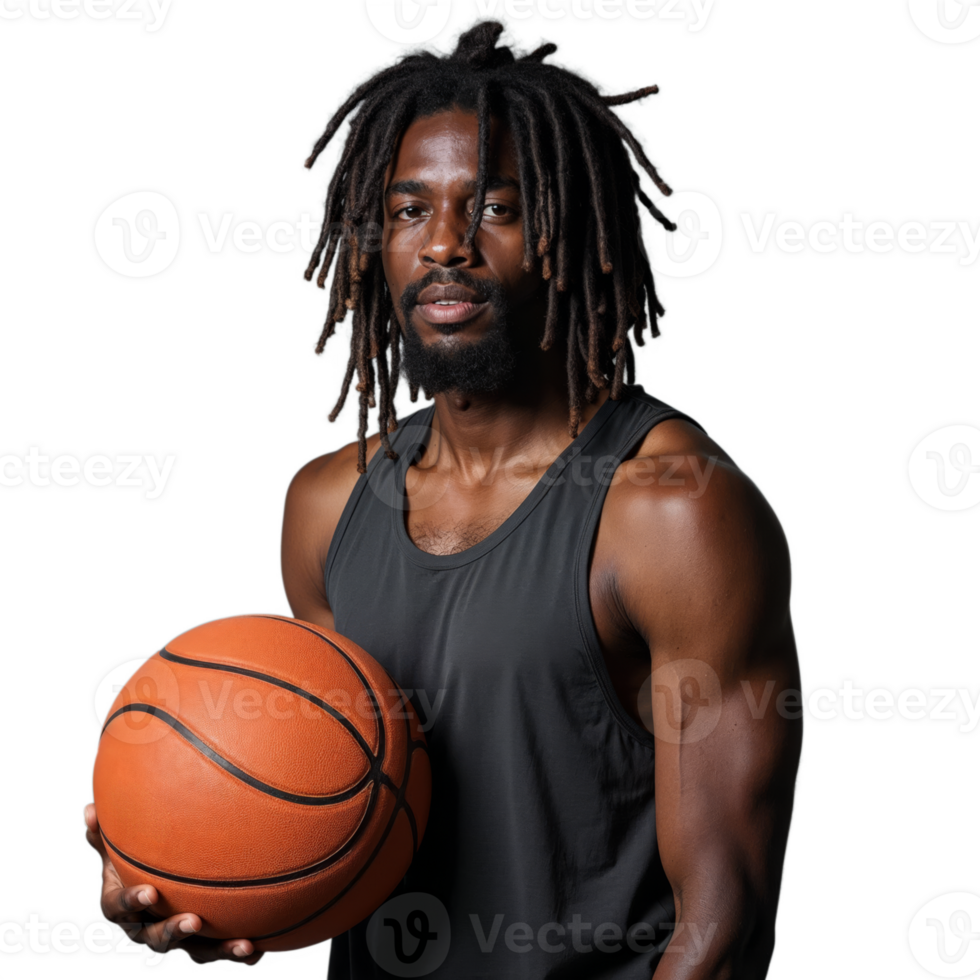 Athletic man with dreadlocks holding a basketball with a serious expression on a transparent background png