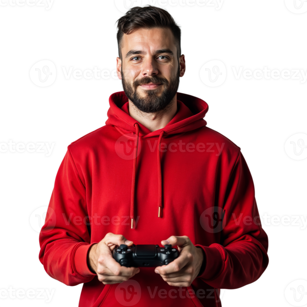 Man in a red hoodie holding a game controller with a focused expression on a transparent background png