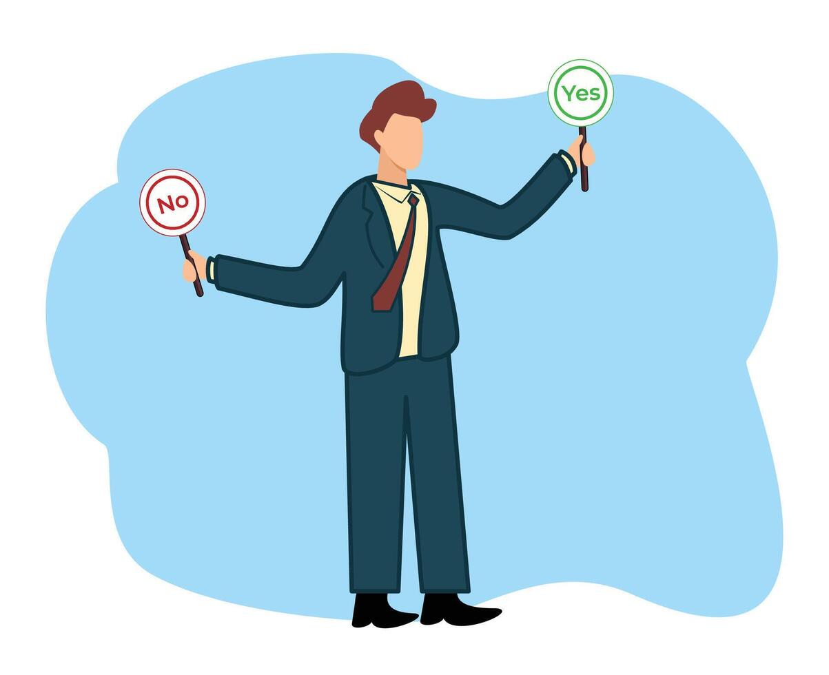 right or wrong concept or cartoon businessman hold symbol yes or no card for decision making vector