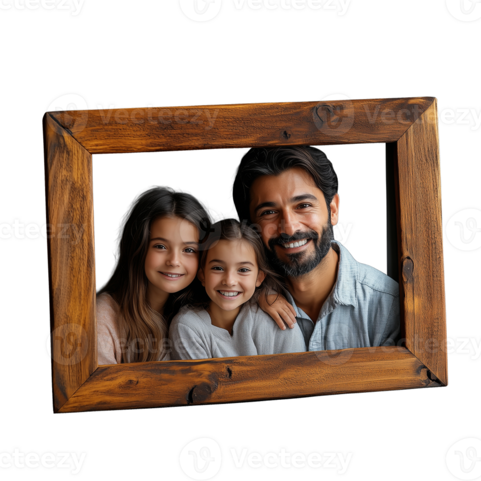 A man and two children are smiling in a wooden frame png