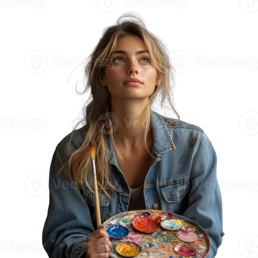 A woman is holding a paint palette with a brush in her hand png