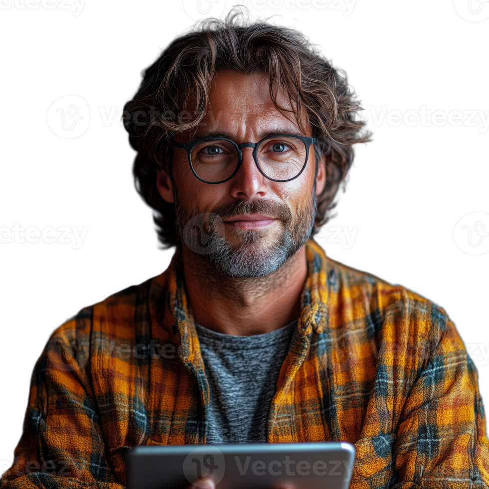 A man with glasses and a plaid shirt is holding a tablet png