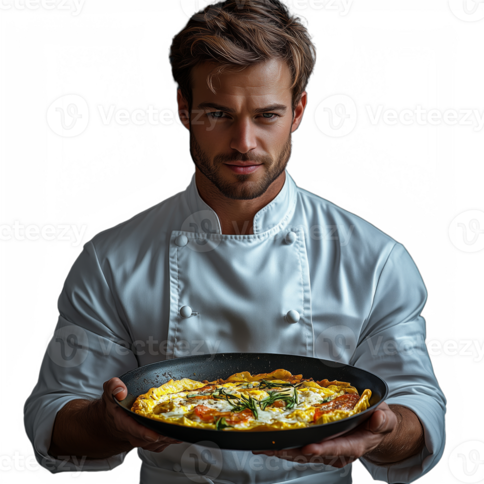 A chef is holding a plate of food, possibly a breakfast dish png