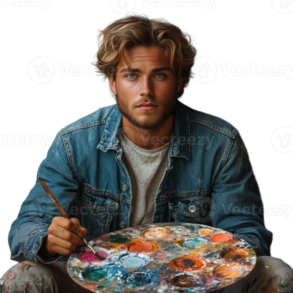 A man in a blue jacket is painting a picture with a palette of colors png