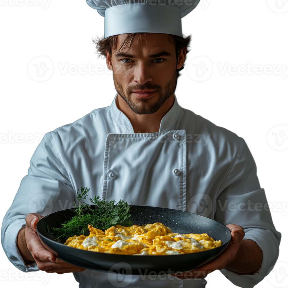 A chef is holding a black bowl filled with food png
