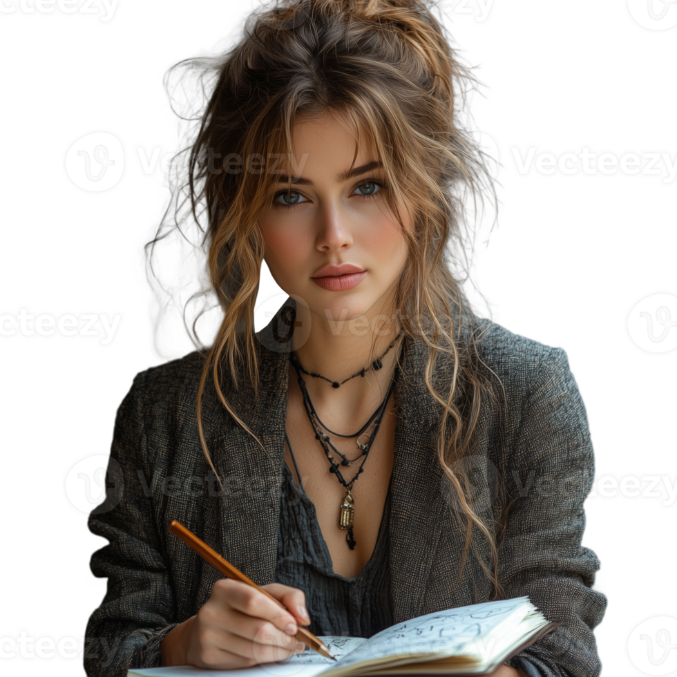 A woman with long brown hair is sitting at a table with a pencil and a notebook png