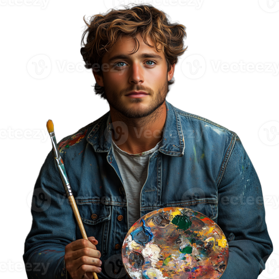 A man in a blue jacket holding a paintbrush and a palette png