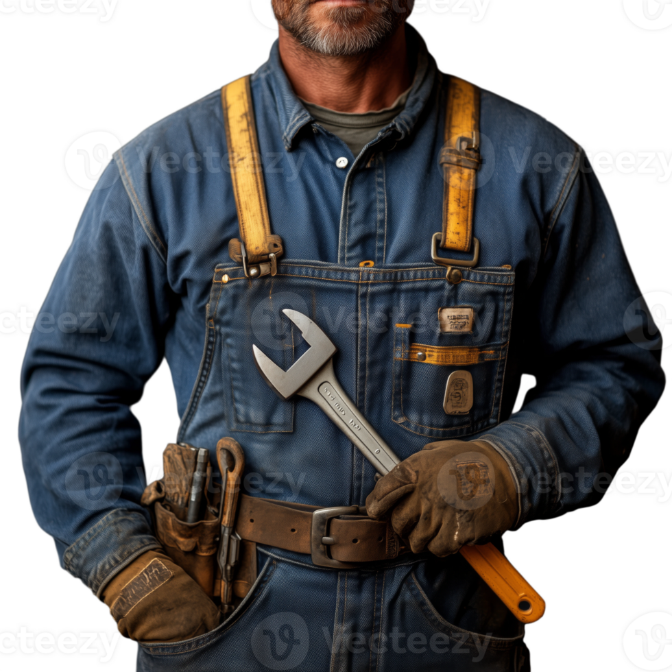 A man in a blue work outfit is holding a wrench png