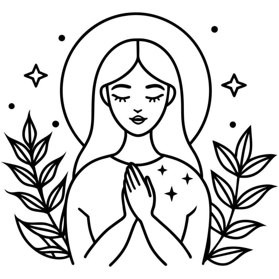 a black and white drawing of a woman praying with stars and plants vector