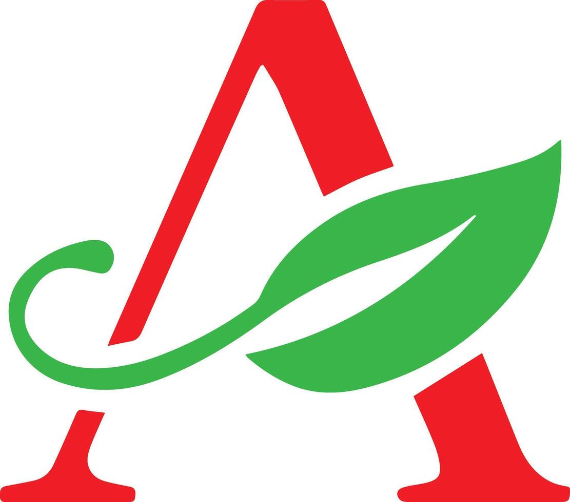A green and red eco-friendly alphabet logo, created for flexible use in t-shirt designs and by various companies. The logo should be modern, clean, and easily adaptable vector