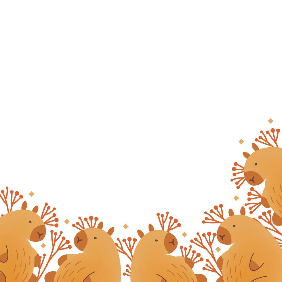 Frame, border, card with hand draw capybara and copy space. illustration in flat style. Cartoon cute animal for print. Kids illustration on white background. vector