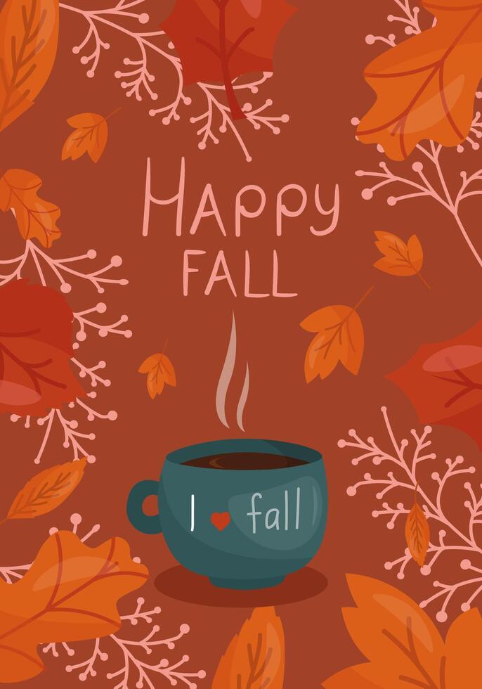 Happy fall postcard, poster with coffee and leaves on the brown background. vector