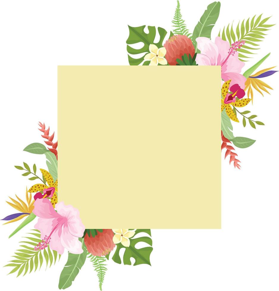 Palm Leaf and Tropical Flowers Frame vector