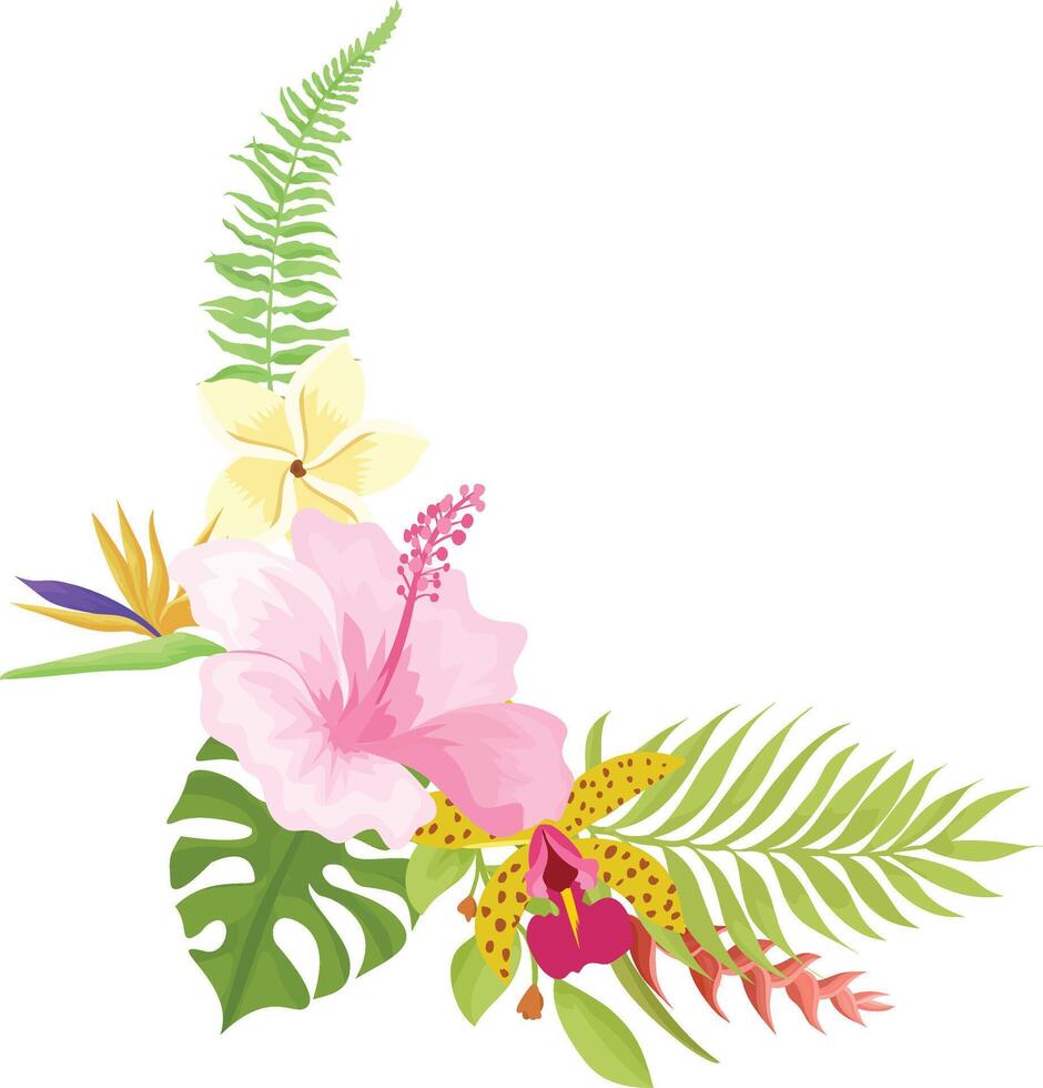 Tropical flower bouquet. Hibiscus. Orchid flowers. and tropical leaves vector