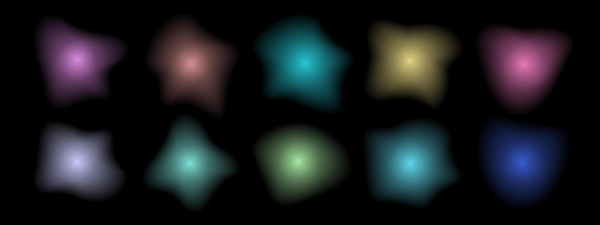 Set of gradients with blurring abstract shapes. Collection of futuristic glowing, neon colored with aura shapes for website design. illustration on black background. vector