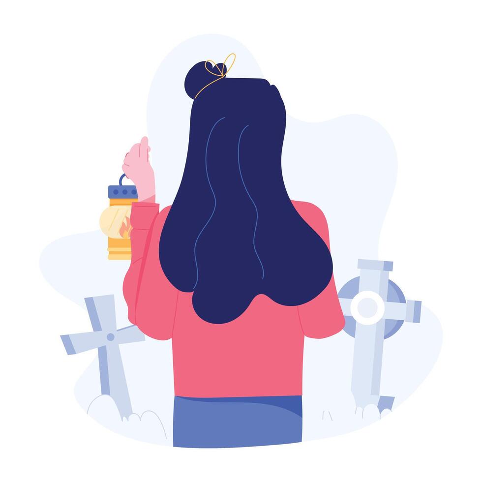 Girl holding memorial lamp, flat character illustration vector
