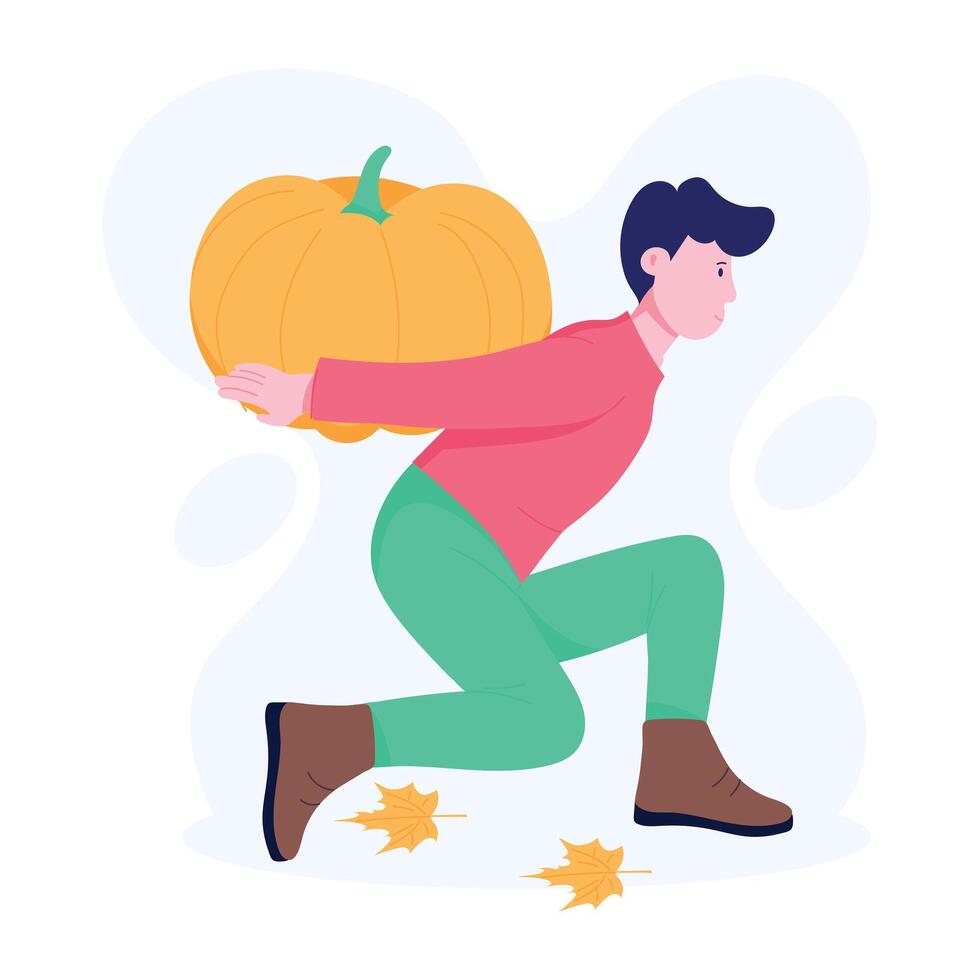 Boy carrying pumpkin flat character illustration vector