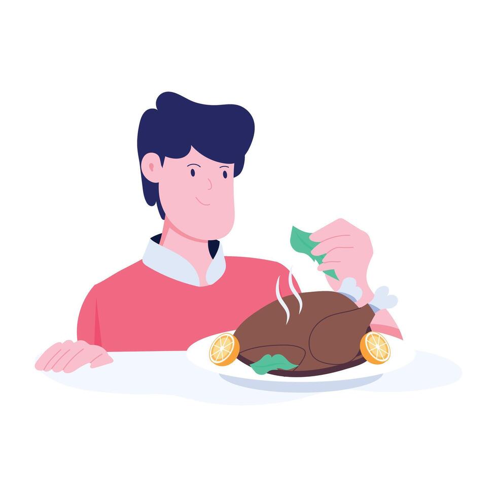 Boy enjoying thanksgiving meal, flat illustration vector
