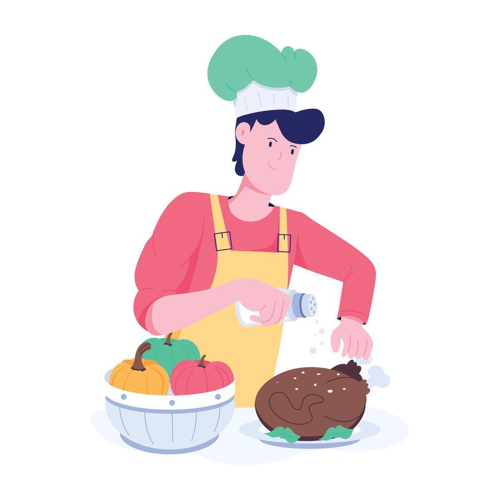Chef busy in thanksgiving preparation, flat illustration vector