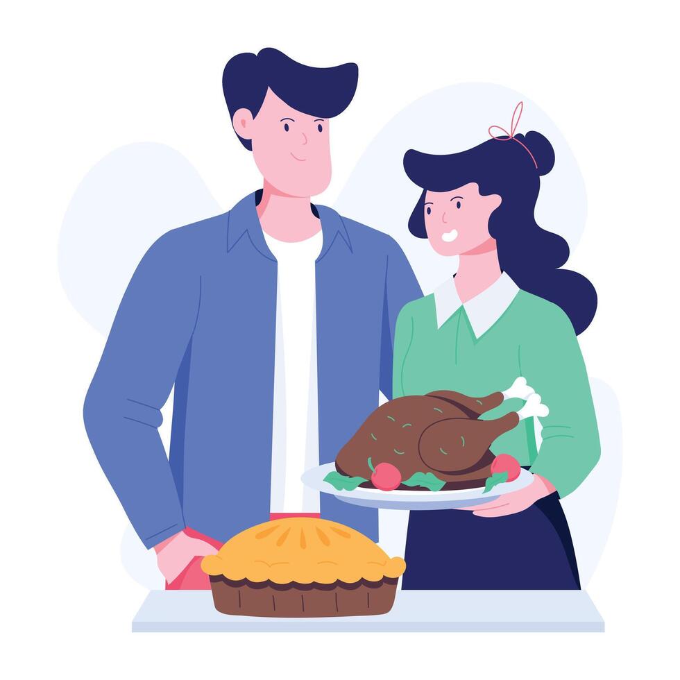 Couple preparing thanksgiving dinner, flat illustration vector