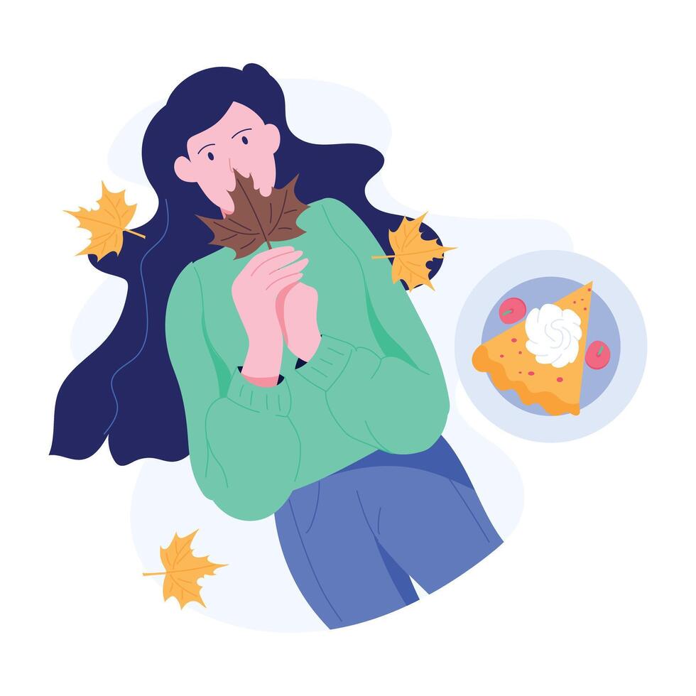 Girl enjoying autumn season festivity, flat illustration vector
