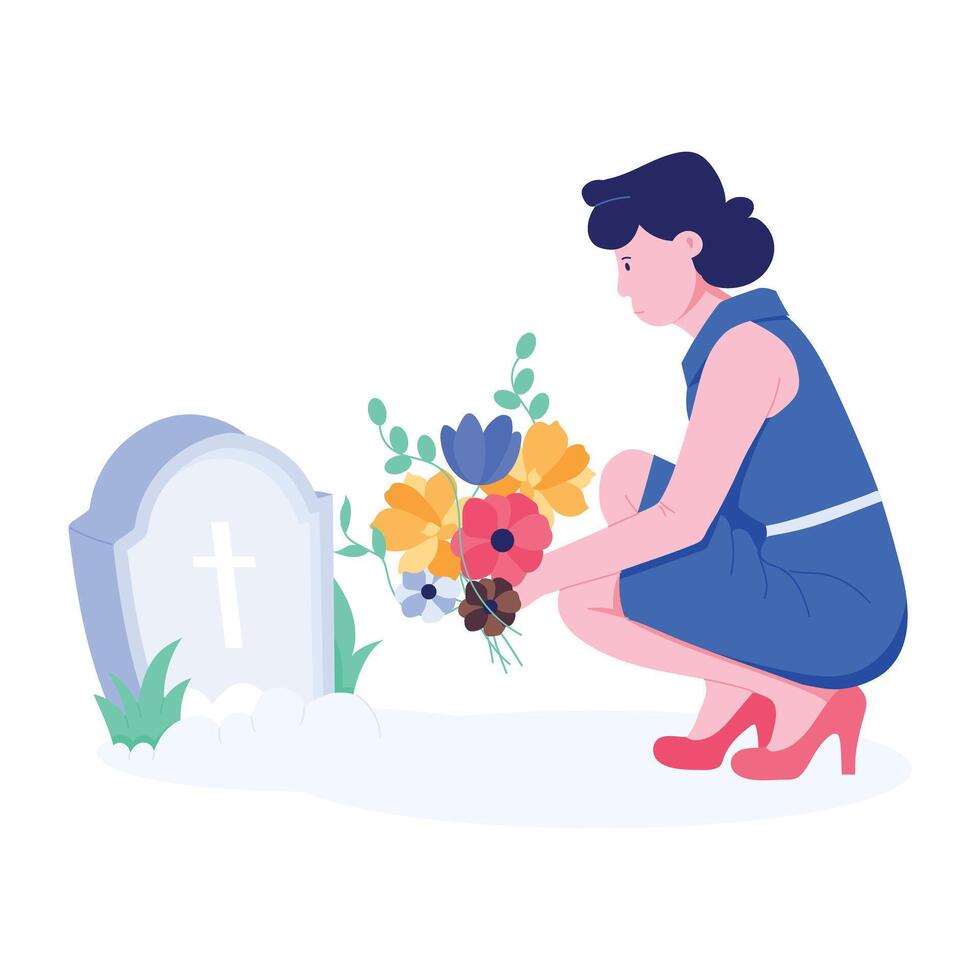Woman putting memorial flowers on grave, flat illustration vector