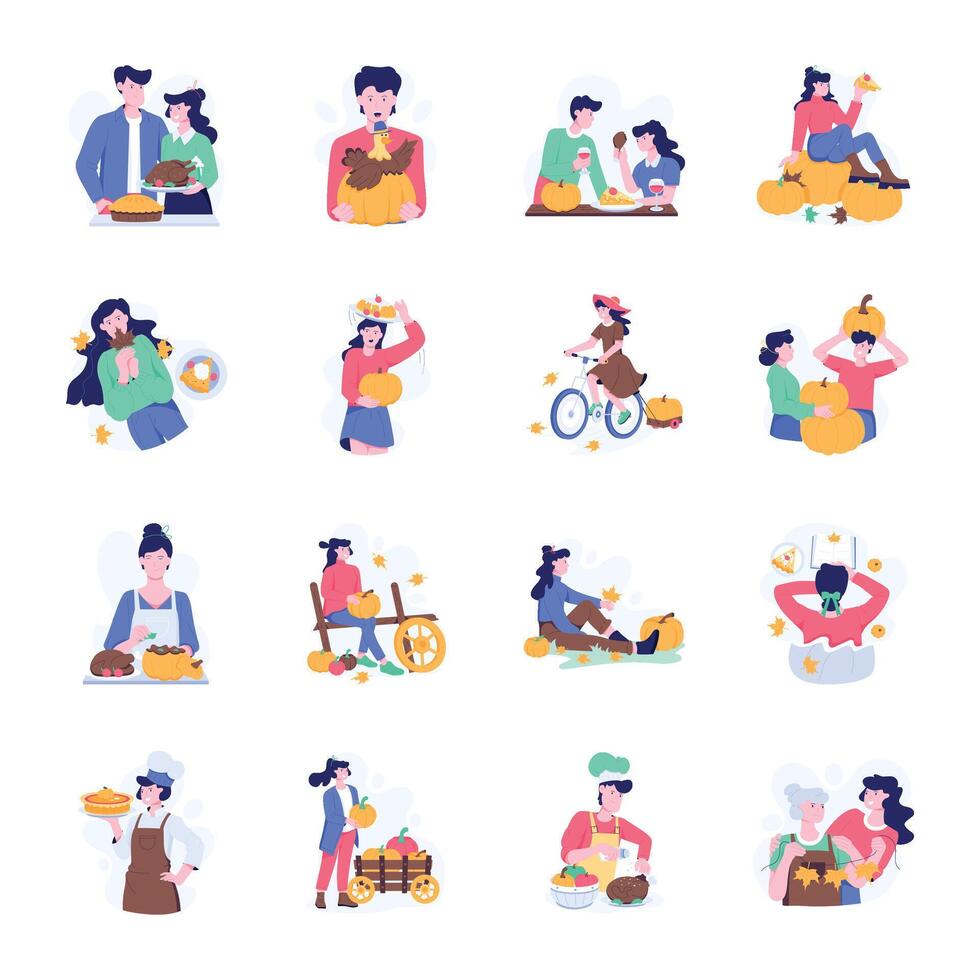 Handy Pack of 16 Thanksgiving Day Flat Illustrations vector