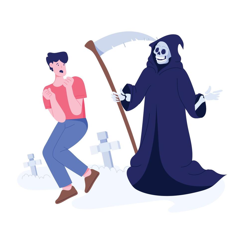 Scared boy with grim reaper, flat illustration vector