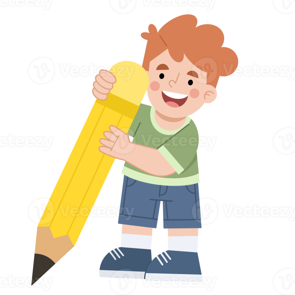 Illustration of a boy carrying a big pencil png