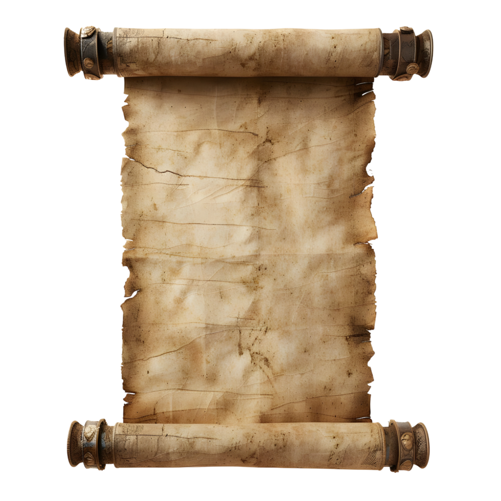 A vintage scroll of papyrus or parchment paper isolated against a plain background png