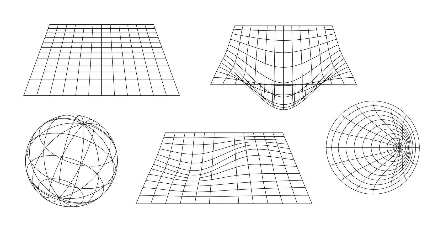 Set of grids, y2k design elements. Plane, sphere, funnel vector