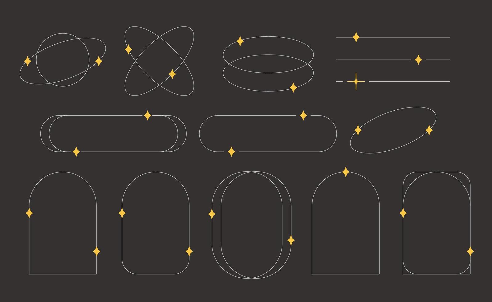 Ellipse frames, arcs, dividers with stars on dark background. Set of design elements in trendy y2k minimalist aesthetic style vector