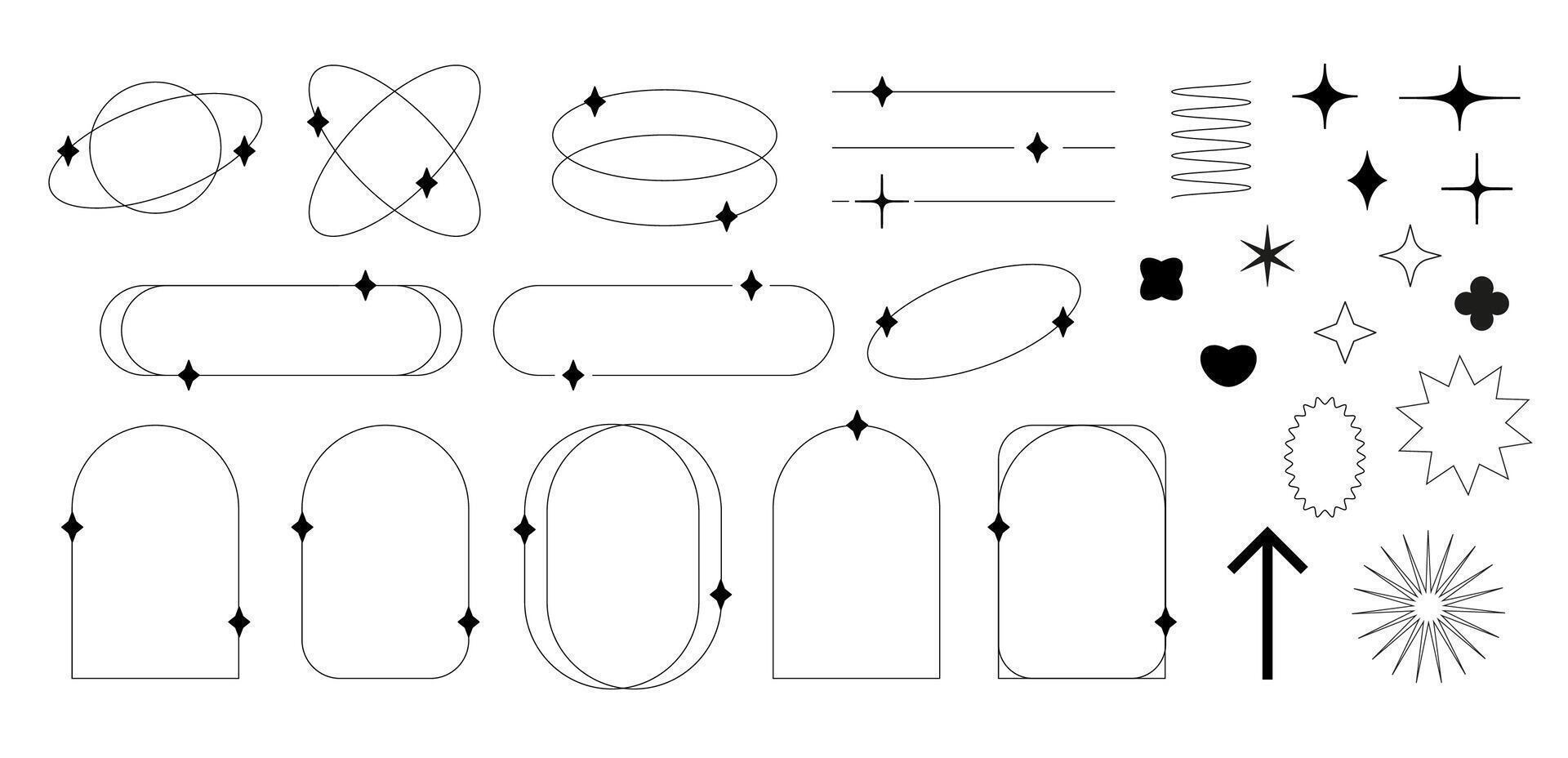 Set of design elements in trendy y2k style. Oval frames with stars, hearts, arrows, etc vector