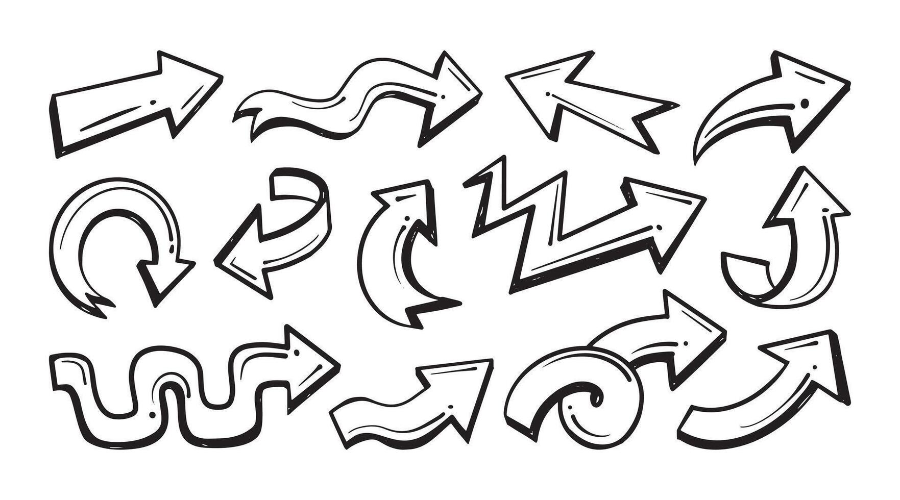 Hand drawn arrows with diverse shapes, including curvy and straight lines. cartoon illustration vector