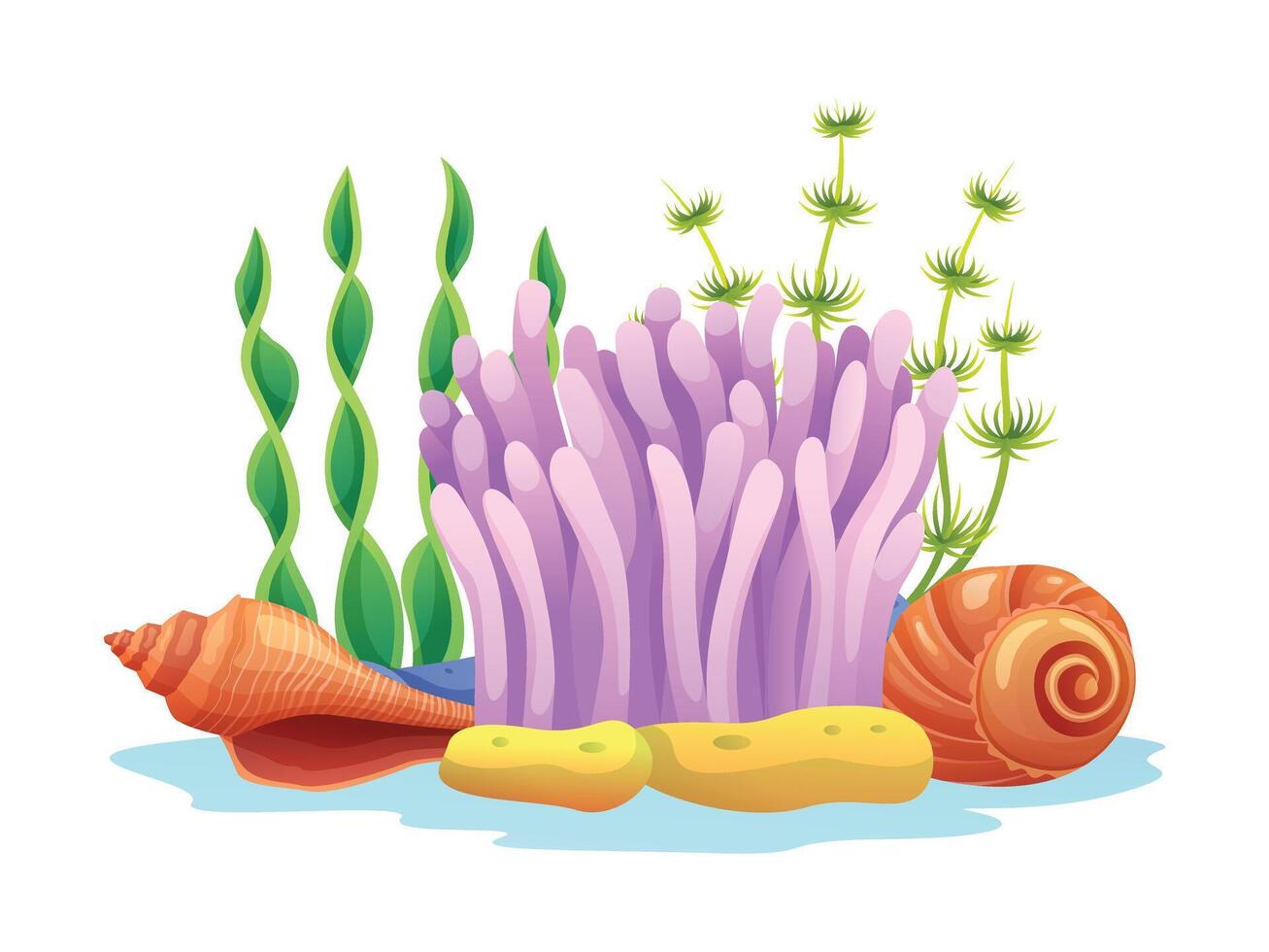 Coral with seaweed and various seashells, ocean life composition. Cartoon illustration vector