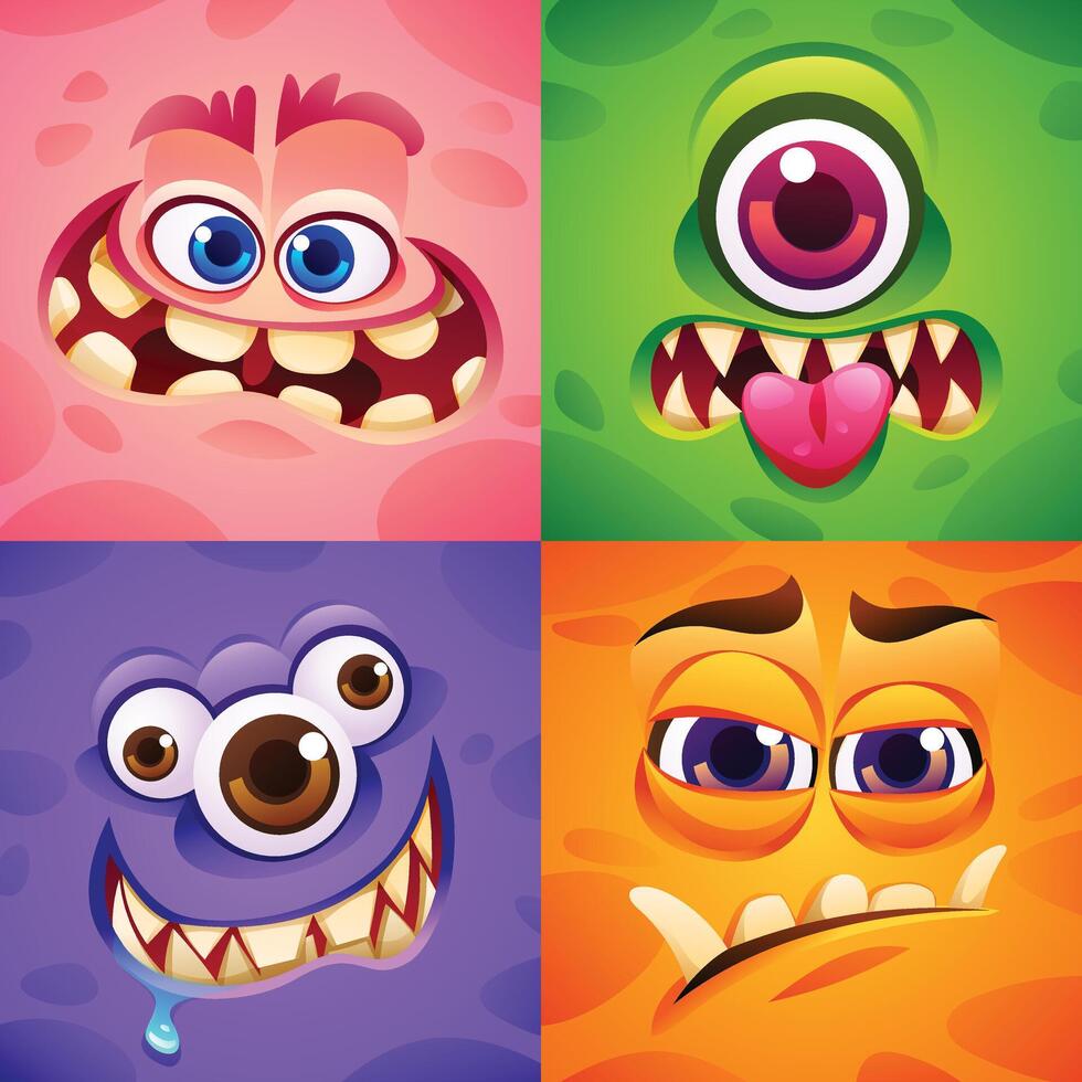 Set of expressive cartoon monster faces with big eyes and sharp teeth. Cartoon illustration vector