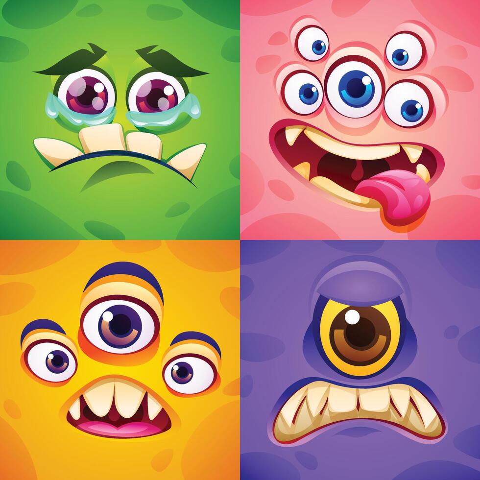Set of monster faces with various expressions, featuring multiple eyes and sharp teeth. Cartoon illustration vector