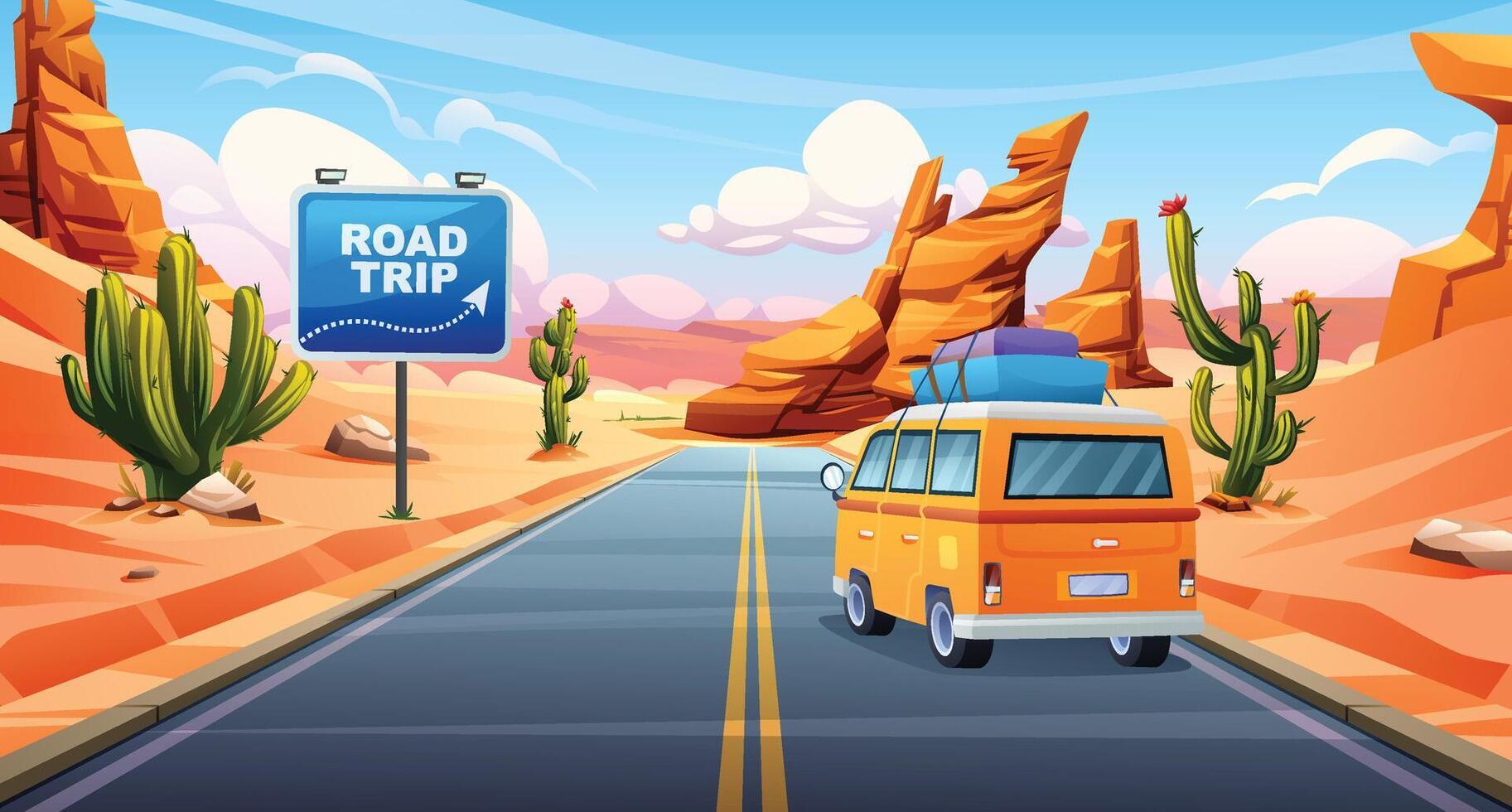 Road trip vacation by car through desert road with unique rock formations and cacti on either side. Cartoon illustration vector