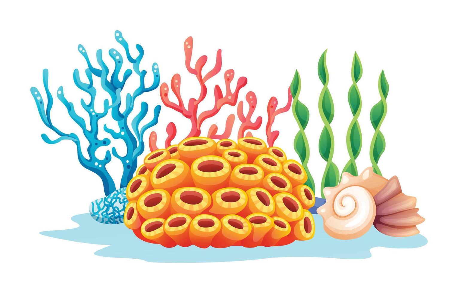 Coral with seaweed, plants, and seashells in an underwater scene. Cartoon illustration vector