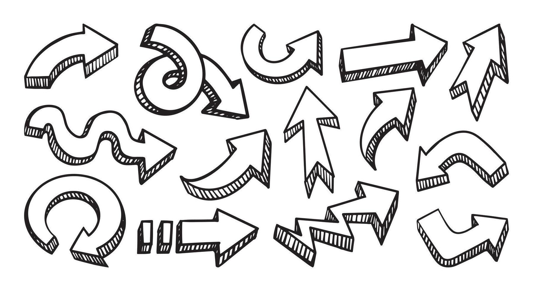 Hand drawn 3D arrows with varied shapes and directions. cartoon illustration vector