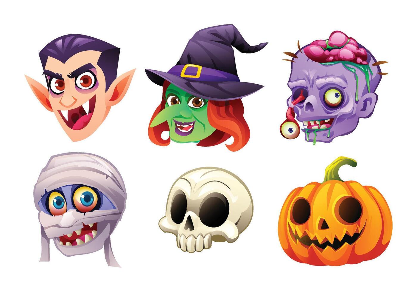 Set of Halloween character faces including vampire, witch, zombie, mummy, skull, and pumpkin. Cartoon illustration vector